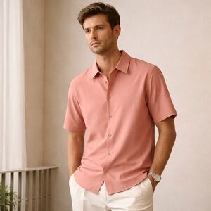 Sandro Paris Rose Clair Pink Linen Blend Short Sleeve Button Shirt Mens M NWT